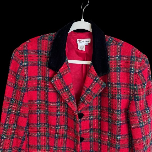 Vintage Talbots sz 16 Red Plaid Wool Blazer Jacket Velvet trim Christmas Holiday - Picture 2 of 7